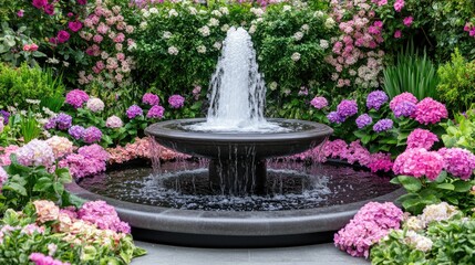 A Serene Garden Fountain Amidst Colorful Hydrangeas and Roses