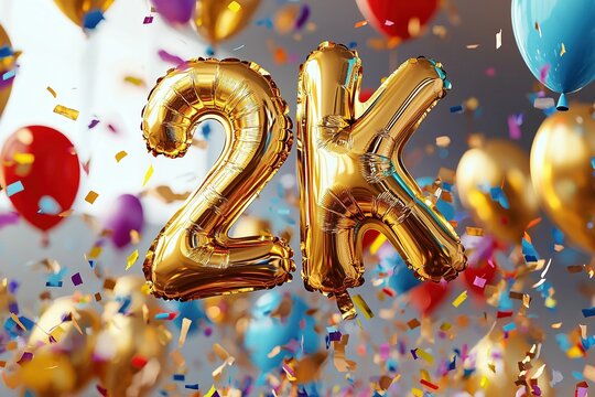 Goldene Luftballone zum 2K, 2000 Jubil&auml;um mit Konfetti 