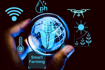 Crystal Global ball holographically displaying innovative agricultural tools and technology; futuristic smart farming solutions revolutionizing IoT-driven farming and advanced monitoring techniques.