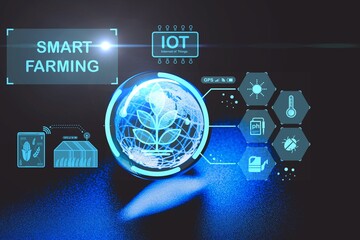 Crystal Global ball holographically displaying innovative agricultural tools and technology; futuristic smart farming solutions revolutionizing IoT-driven farming and advanced monitoring techniques.
