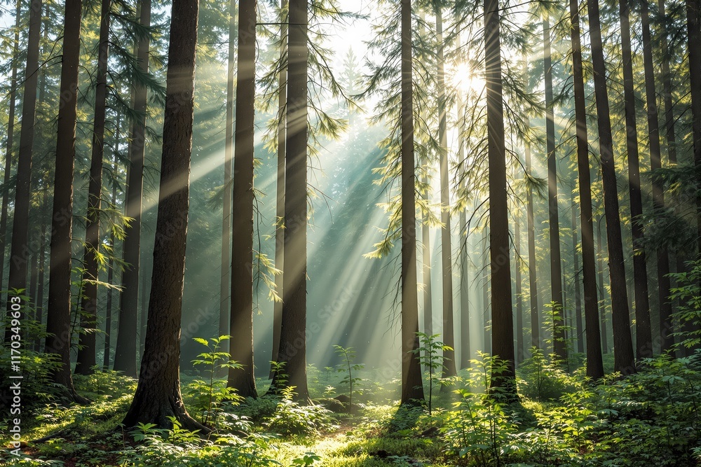 Poster sunlight filters through tall forest trees, illuminating lush green foliage and creating a serene at