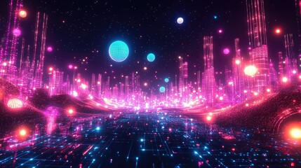 Fototapeta premium Neon Cityscape: A Futuristic Metropolis Illuminated by Vibrant Pink and Blue Lights Under a Starry Sky