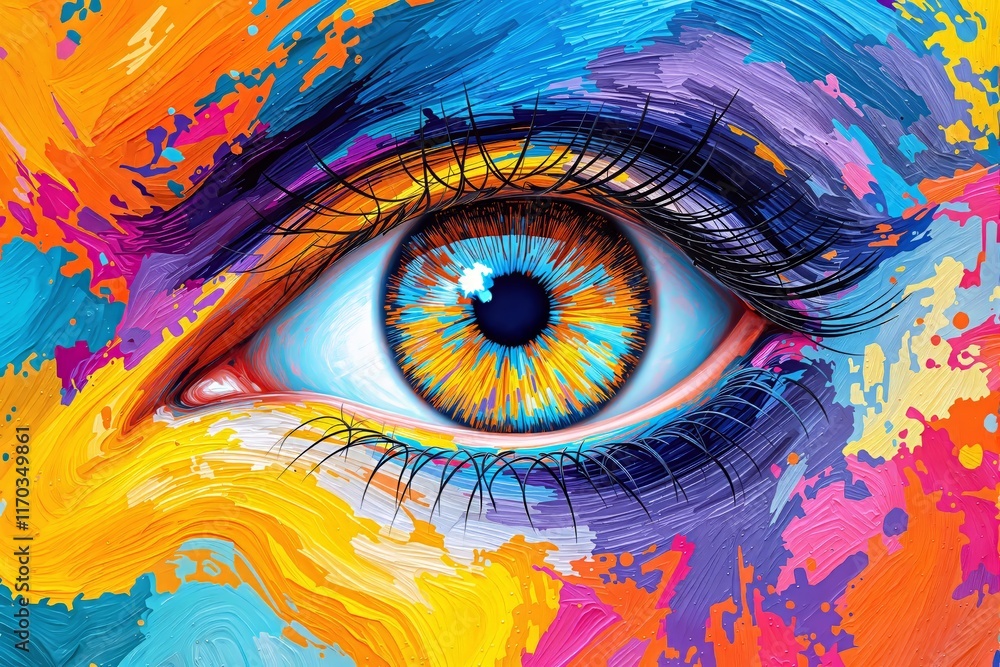 Poster close-up of a human eye with vivid, colorful patterns and abstract brushstrokes surrounding it, set 