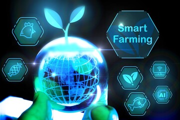 Crystal Global ball holographically displaying innovative agricultural tools and technology; futuristic smart farming solutions revolutionizing IoT-driven farming and advanced monitoring techniques.