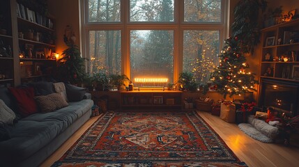 Obraz premium Cozy Living Room Christmas Scene Winter Evening Ambiance