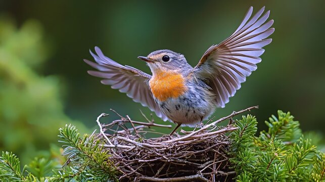 Young bird takes its first brave flight from the safety of its nest amidst lush greenery