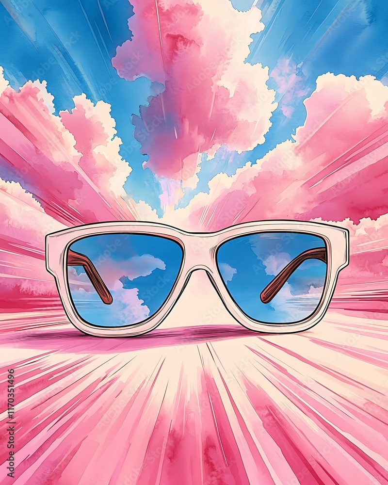 Poster vibrant artistic illustration of sunglasses reflecting a colorful sky with dynamic rays and playful 