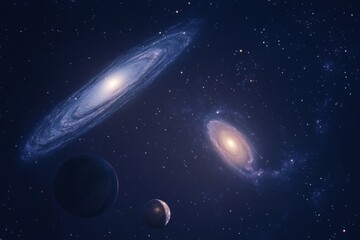 Stunning image of andromeda and other galaxies amidst planets in a dark blue starry sky