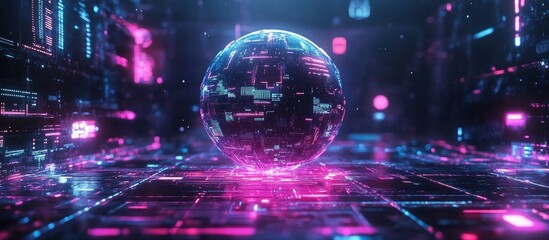 Cybernetic Sphere in Neon Digital Landscape