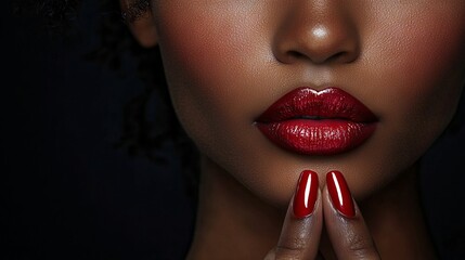 Naklejka premium Close-Up of Glossy Red Lips and Elegant Hands
