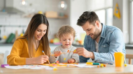 Fototapeta premium A happy family engages in creative play with a child, using colorful art materials on a table in a bright, modern kitchen.