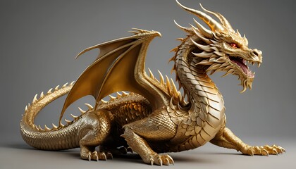 Fototapeta premium A highly detailed and majestic golden dragon with intricate scales and glowing eyes, depicted on a plain neutral background