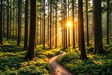 Fototapeta premium A peaceful forest with tall trees and sunlight streaming through, illuminating a winding path amidst green foliage. Concept of tranquility and nature. Ai generative