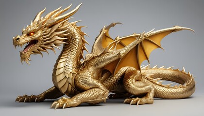 Fototapeta premium A highly detailed and majestic golden dragon with intricate scales and glowing eyes, depicted on a plain neutral background