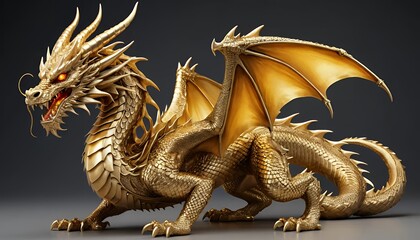 Fototapeta premium A highly detailed and majestic golden dragon with intricate scales and glowing eyes, depicted on a plain neutral background