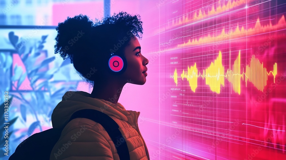 Poster woman using voice activated assistant to access digital health data with holographic display