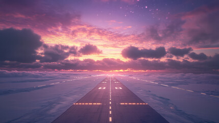 A surreal image of a runway glowing under a twilight sky, transitioning between deep purples and golden hues, subtle frost glimmering on the edges