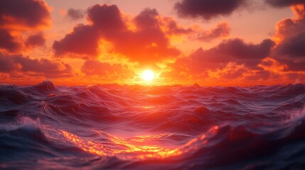 Obraz premium Fiery sunset over a turbulent ocean.