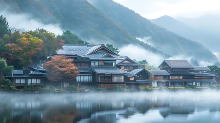 Fototapeta premium Traditional Japanese hot springs resort with a beautiful old house and mountains