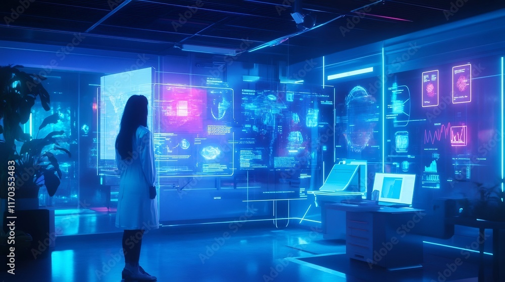 Poster futuristic ai driven health trend prediction displayed as interactive holograms in a laboratory