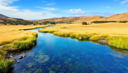 Fototapeta premium Serene River Winding Through Golden Fields Under a Blue Sky