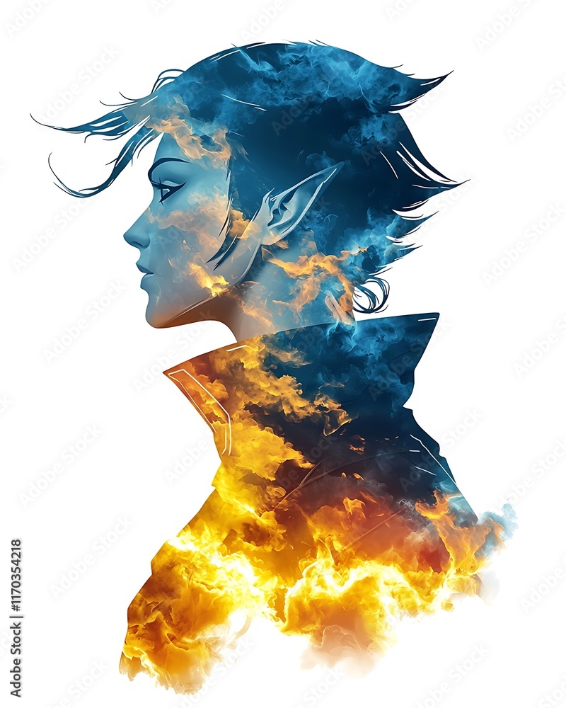 Poster profile of an ethereal character with a fiery and cloudy background representing fantasy and adventu