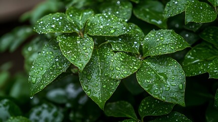 Fototapeta premium Vibrant Green Leaves with Sparkling Water Droplets,Symbolizing Nature's Rejuvenation