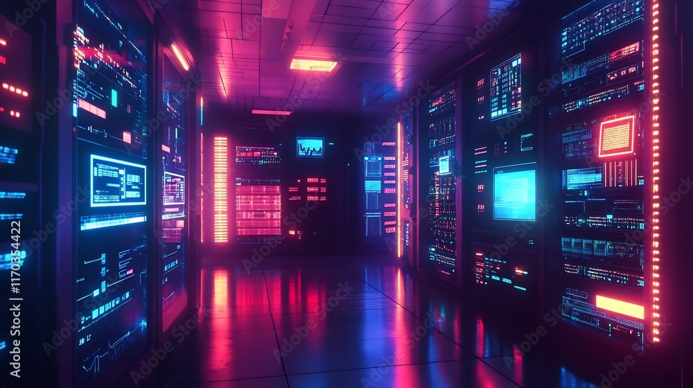 Poster secure futuristic server room with encrypted data transfers and privacy symbolism