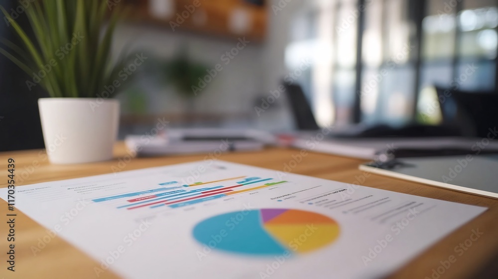 Poster colorful health data report with pie charts and bar graphs on desk