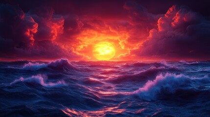 Naklejka premium Fiery sunset over dramatic ocean waves. (1)