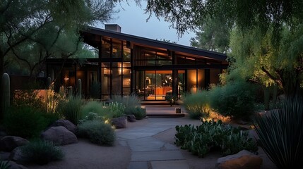 Fototapeta premium modern desert home surrounded by cacti