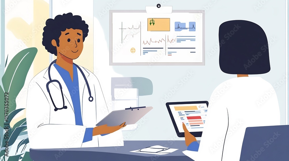 Poster medical professional discussing patient s health summary using printed chart and digital tablet