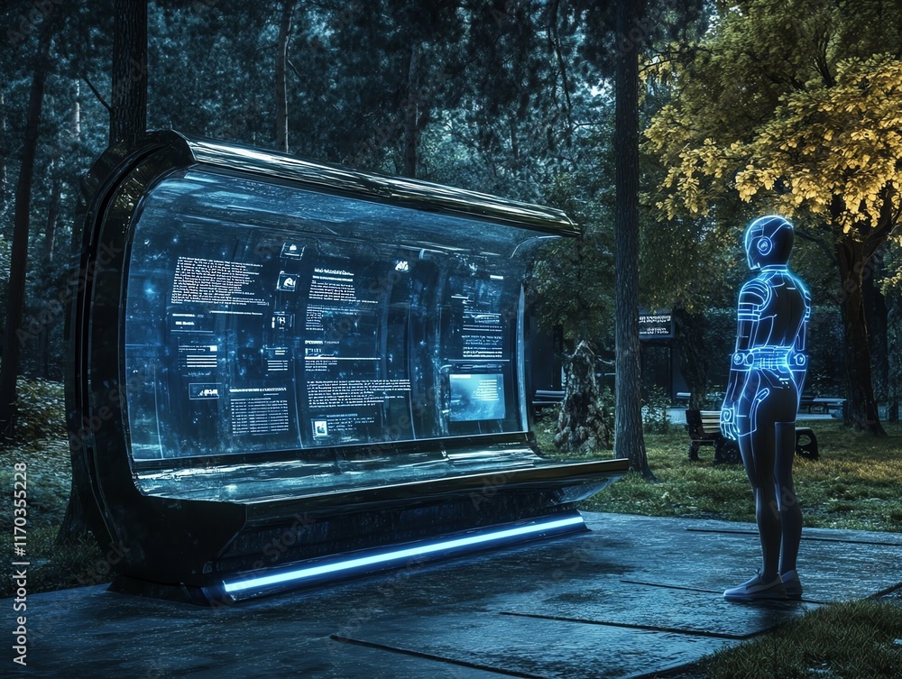 Poster futuristic data display: a cyberpunk-style digital kiosk in a tranquil forest