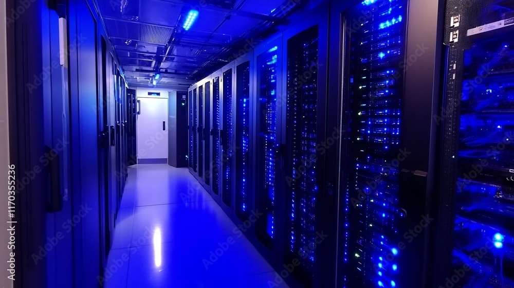 Poster secure server room with glowing blue lights representing cloud based electronic health data storage