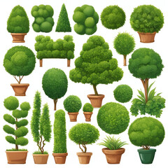 A vibrant assortment of topiary plants in various shapes and sizes, beautifully arranged in decorative pots, perfect for enhancing gardens and outdoor spaces.