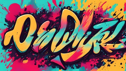 A vibrant graffiti-style artwork featuring colorful lettering and splashes of paint.