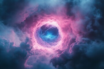 A celestial portal in pink and blue surrounded by dark clouds, evoking cosmic beauty from above