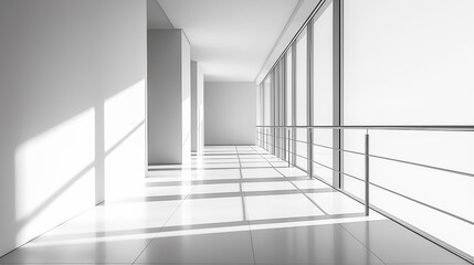 3d rendering of white empty room with windows and floor tiles.