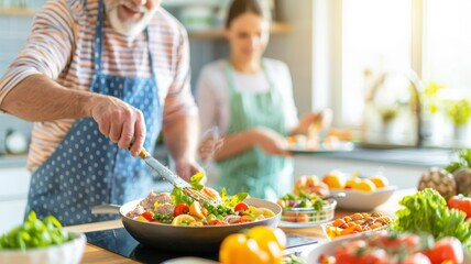 A cheerful scene of cooking, featuring an elderly man preparing a colorful dish while a woman assists in a bright kitchen filled with fresh ingredients.