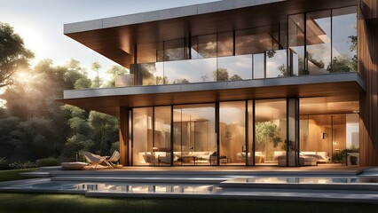 Modern house with large glass windows, surrounded by greenery and a pool.