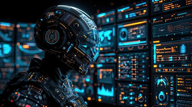 Cybernetic figure views illuminated data screens.