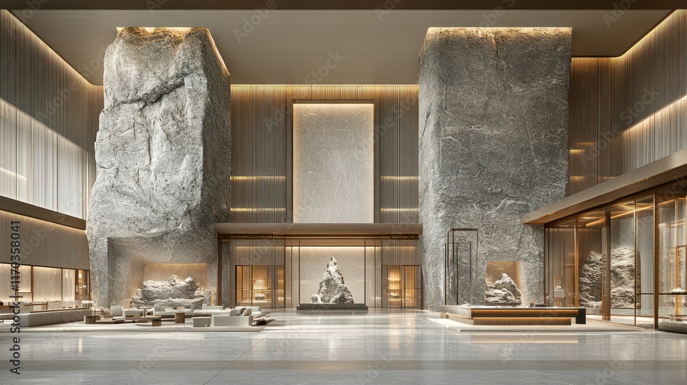 Poster modern lobby with large stone structures and elegant decor.