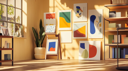 Stylized postcard rack with bold patterns in shop setting