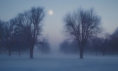 Winter landscape with bare trees and a full moon