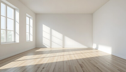 Obraz premium Empty bright room with white walls and wooden floor, sunlit interior with large windows casting shadows