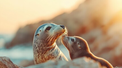 Fototapeta premium A seal guiding her pup to a safe spot on a rocky shore.