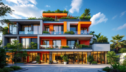 Obraz premium Modern Architectural Design: Orange and Gray Luxury Apartments