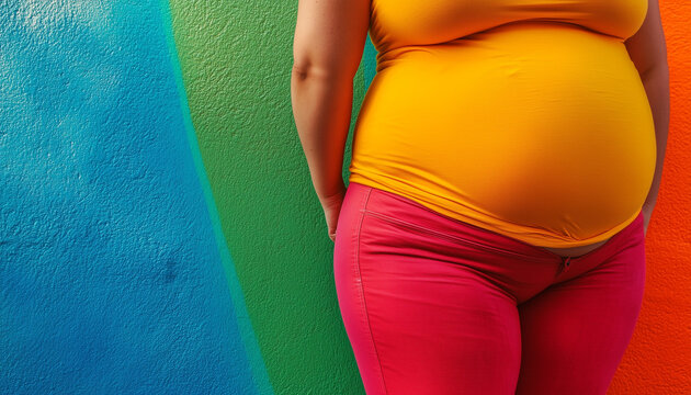 closeup of a belly of a colorfully dressed obese woman 