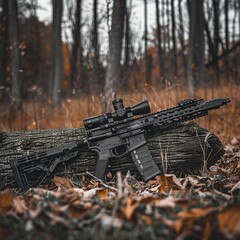 Black rifle resting on a log in autumn woods.