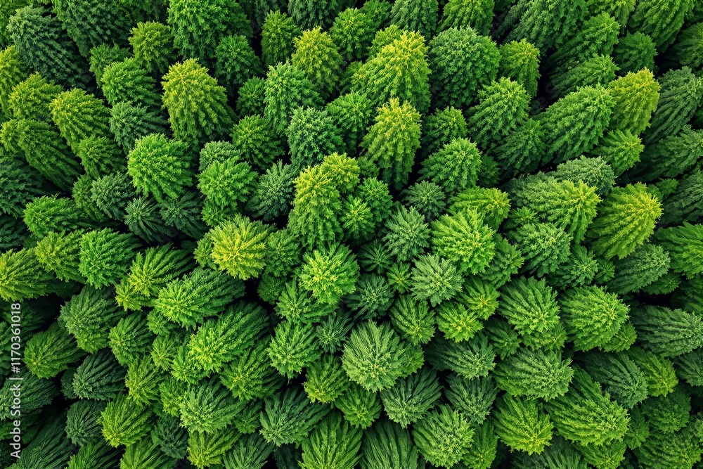 Poster top view of vibrant green trees with textured foliage forming a dense forest canopy, offering a natu